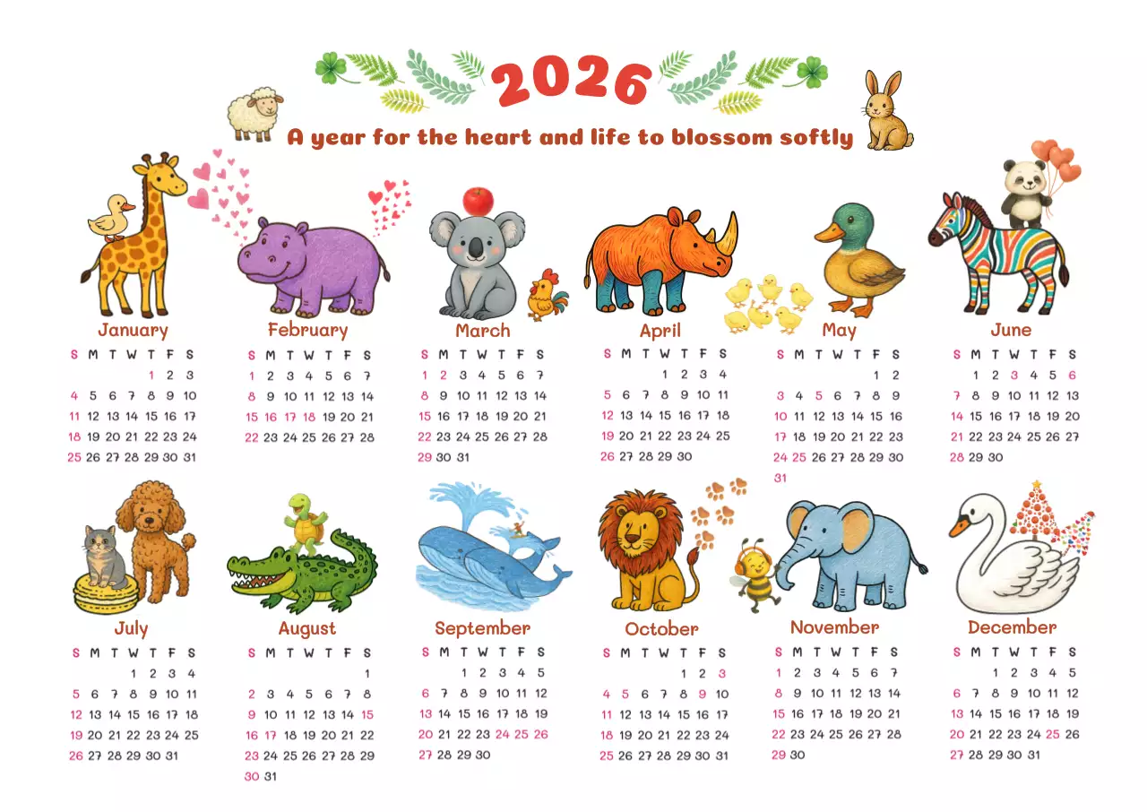 레드 그린 아기자기 귀여운 2026 Wild Friends 캘린더