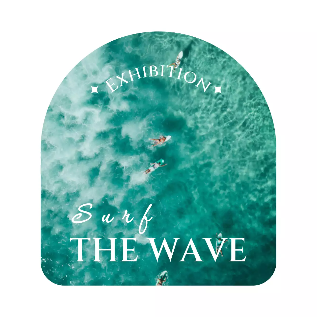 둥근 아치형 프레임에 바다 사진과 세리프체가 있는 시원하고 감성적인 느낌의 전시회 굿즈