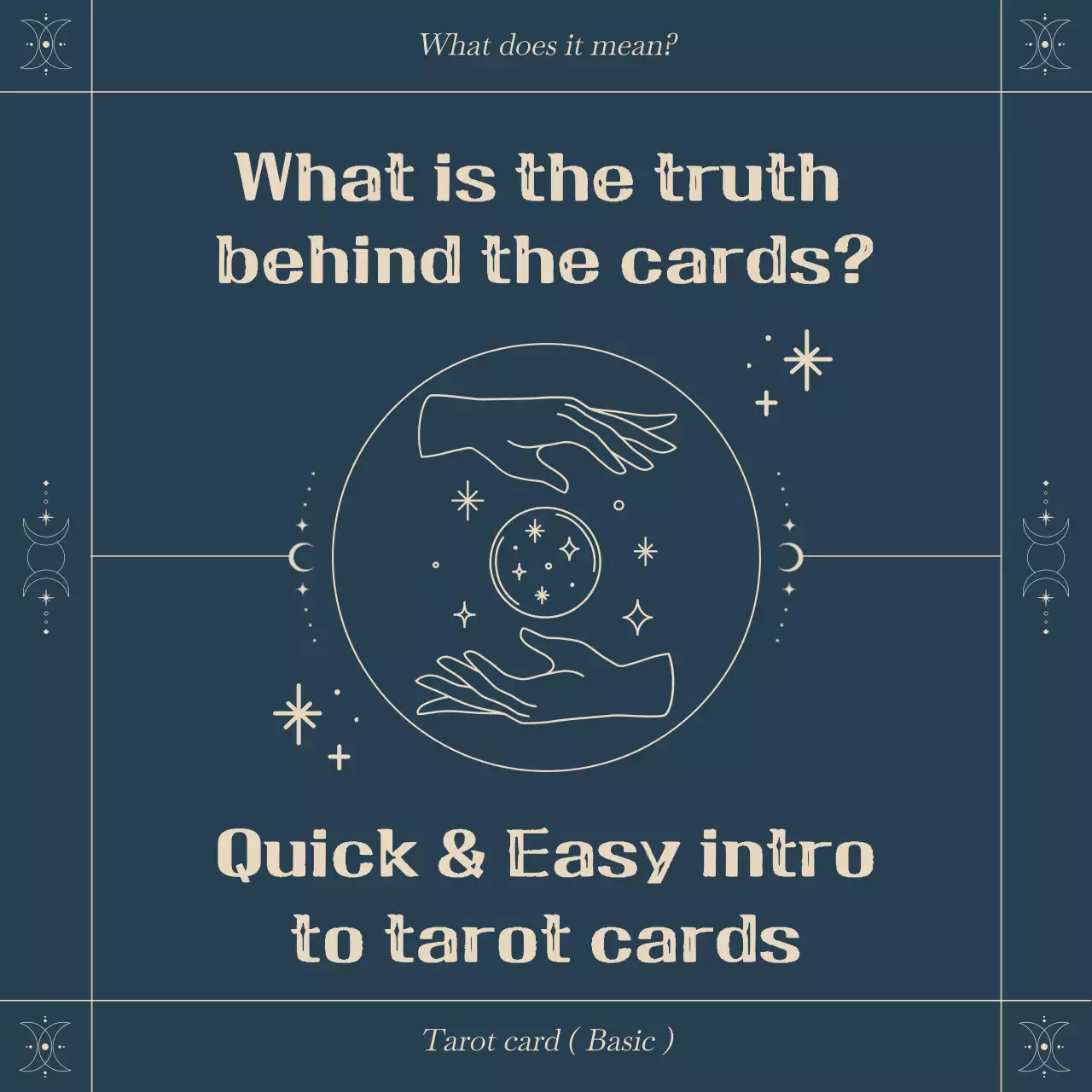 A quick and easy introduction to tarot cards with a square frame astrological concept in a navy color scheme.
