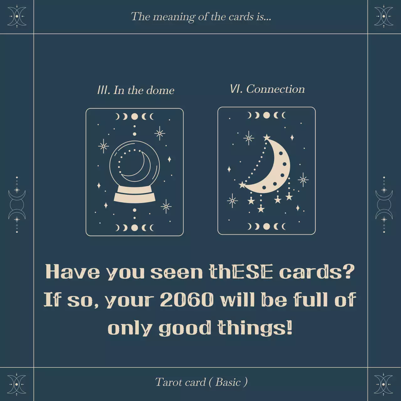 Uma introdução rápida e fácil às cartas de tarot com um conceito astrológico de moldura quadrada num esquema de cores azul-marinho.