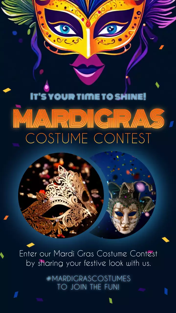 네이비 및 오렌지 판타지 마디그라 의상 콘테스트 홍보