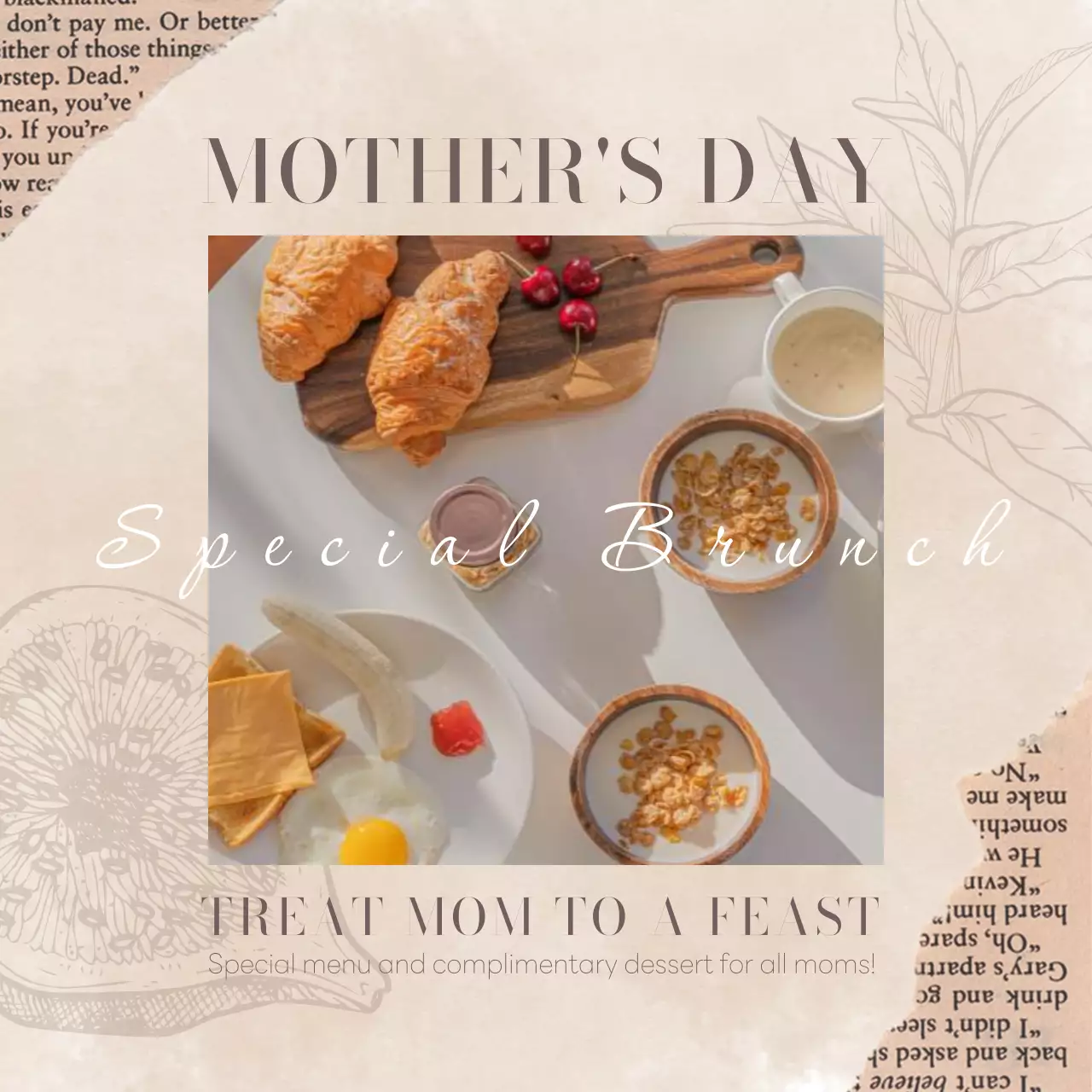 Beige and White Vintage Mother's Day Brunch Publicity