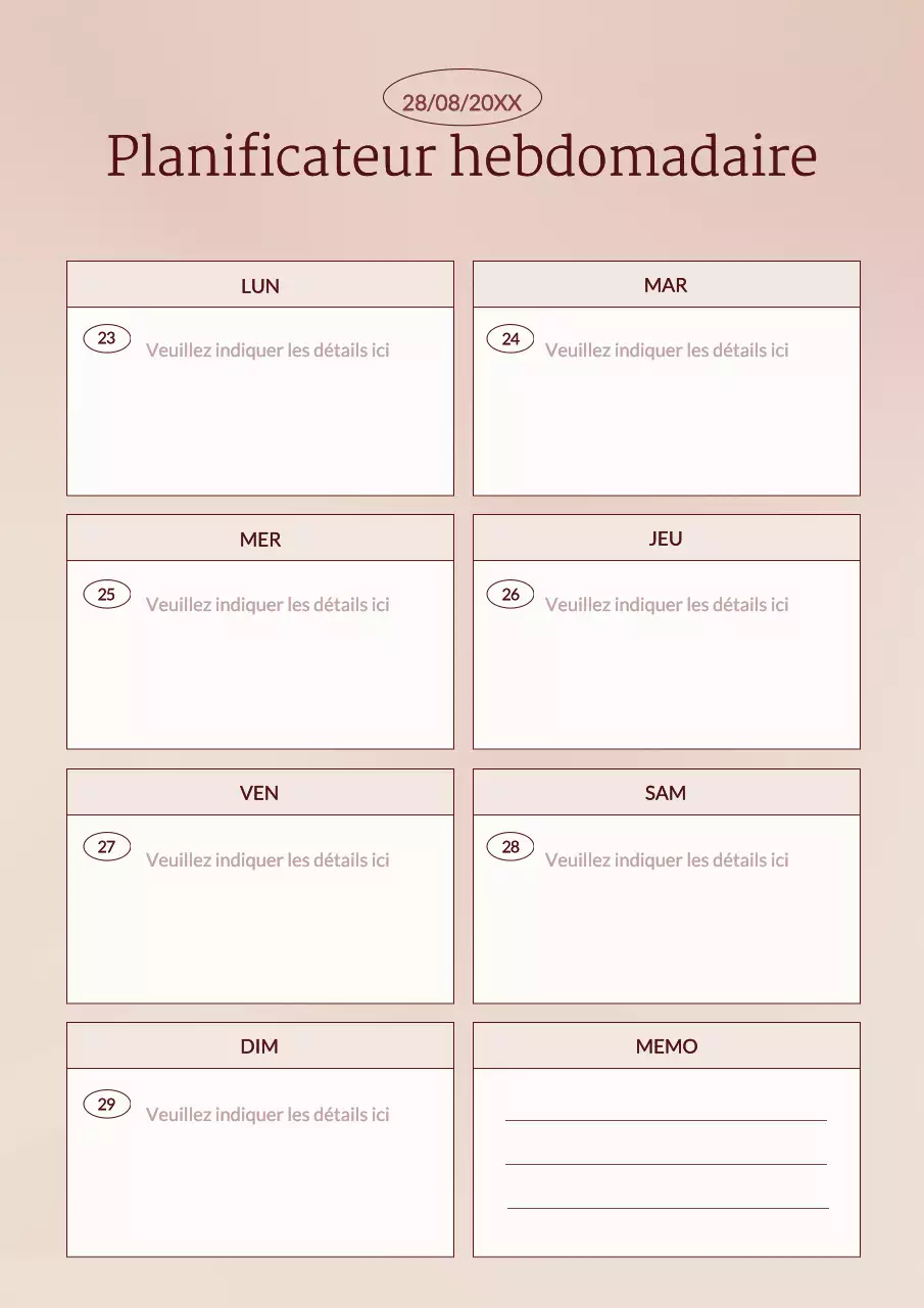 Agenda hebdomadaire minimaliste rose