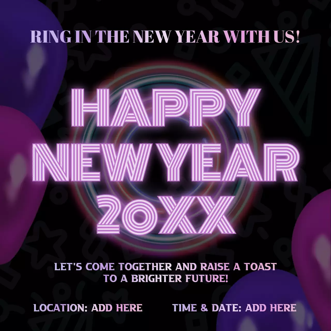 퍼플 레트로 새해 초대 소셜 미디어 게시물
