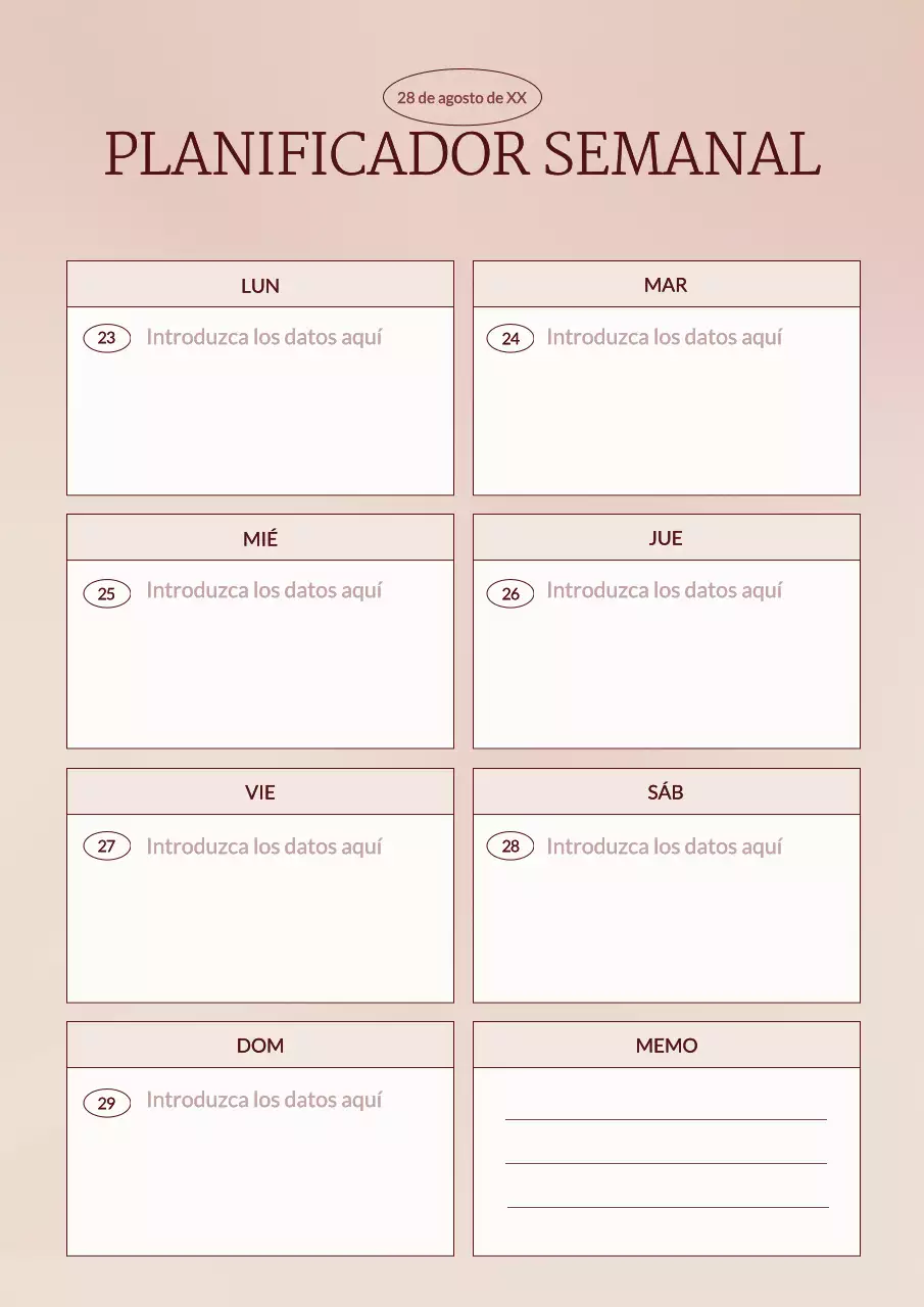 Planificador semanal minimalista rosa