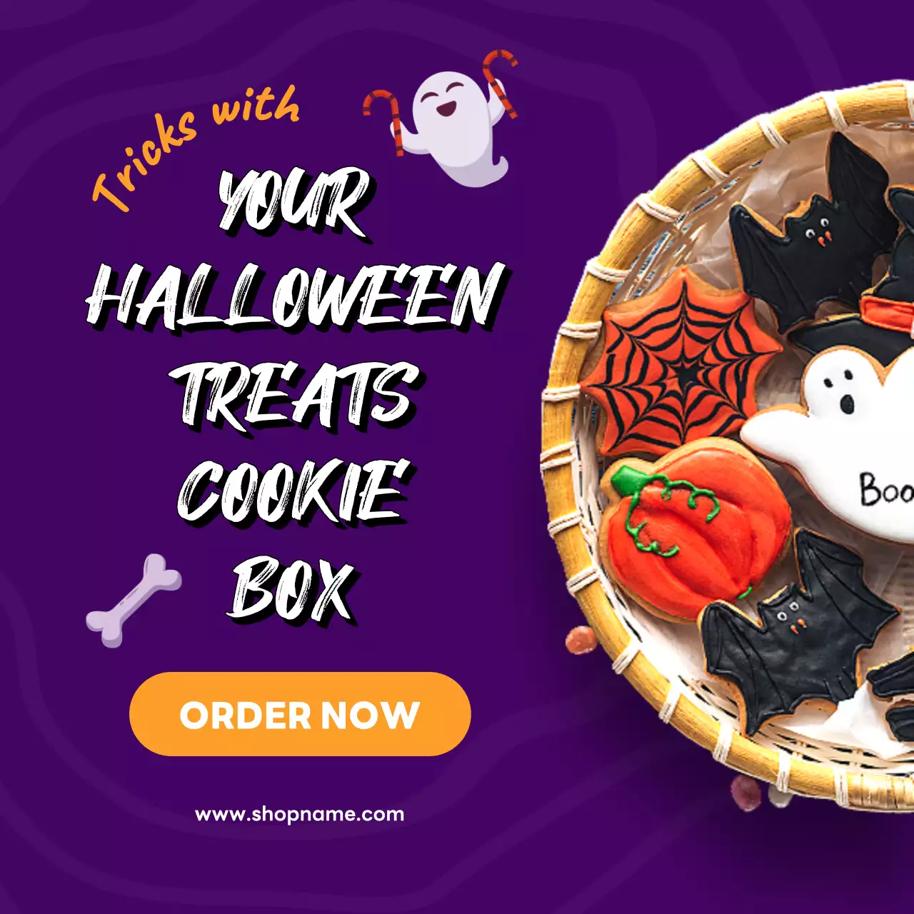 보라색과 주황색의 키치한 할로윈 쿠키 홍보