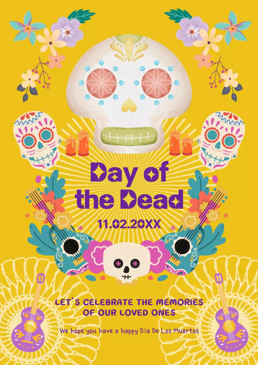 Yellow and purple kitsch Day of the Dead Poster