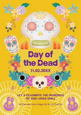Yellow and purple kitsch Day of the Dead Poster