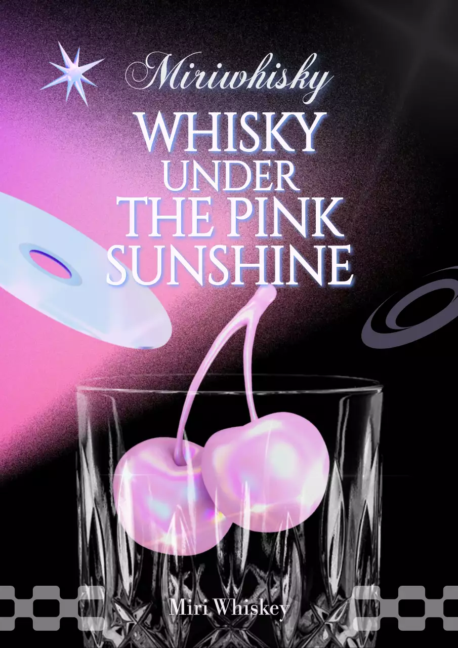 블랙 레트로 배경 몽환적인 언더락 잔 속 3d 핑크 체리 위스키 아트웍