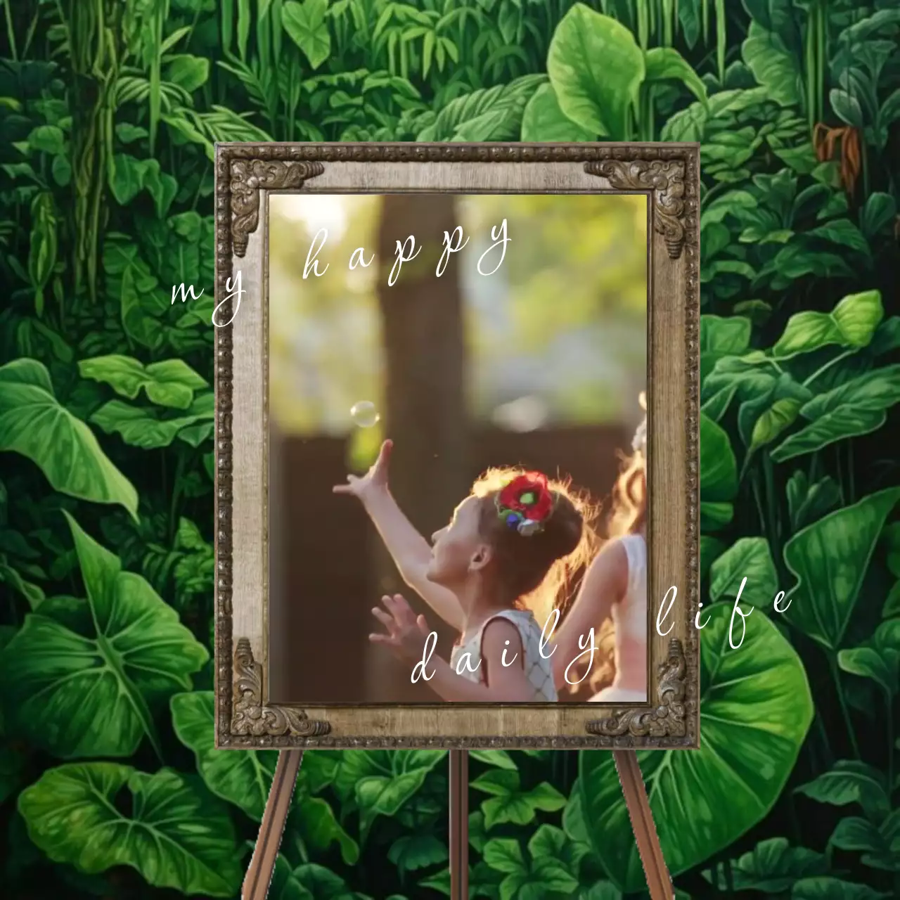 초록색과 흰색의 빈티지한 이젤 캔버스 느낌의 광고