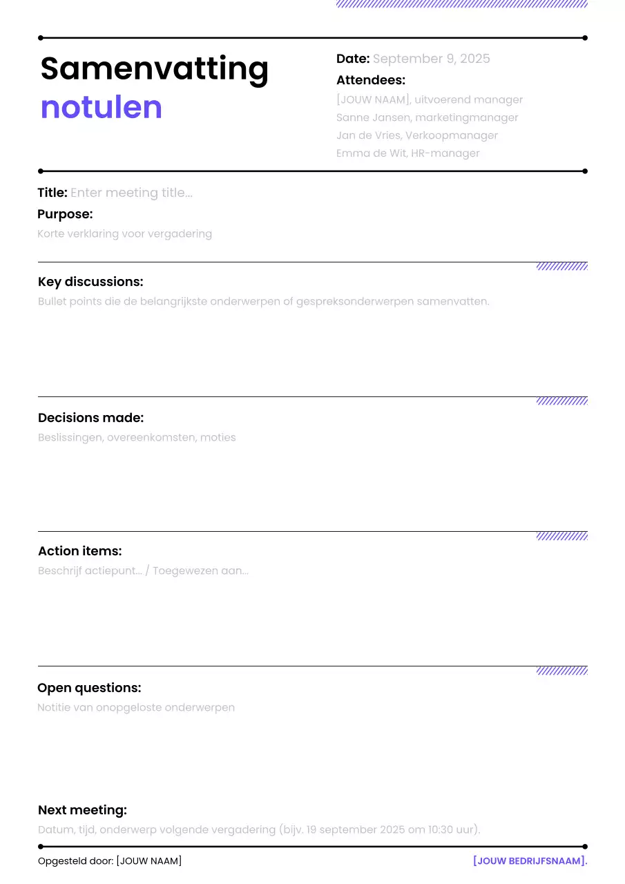 Samenvatting van de notulen van de vergadering