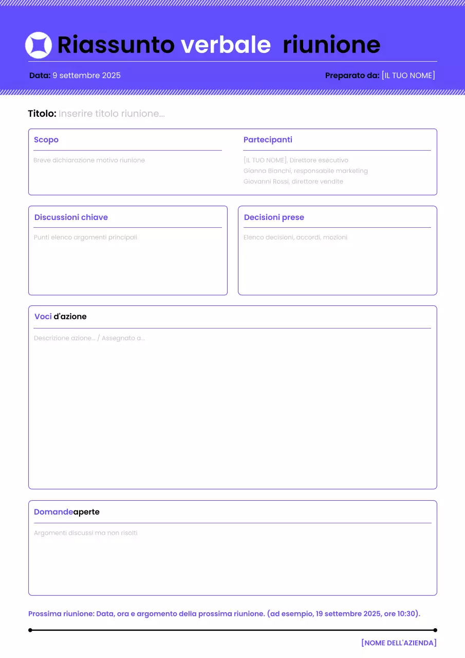 Riepilogo del verbale della riunione