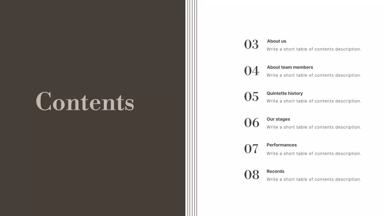 A portfolio of performing arts organizations in brown, muted tones