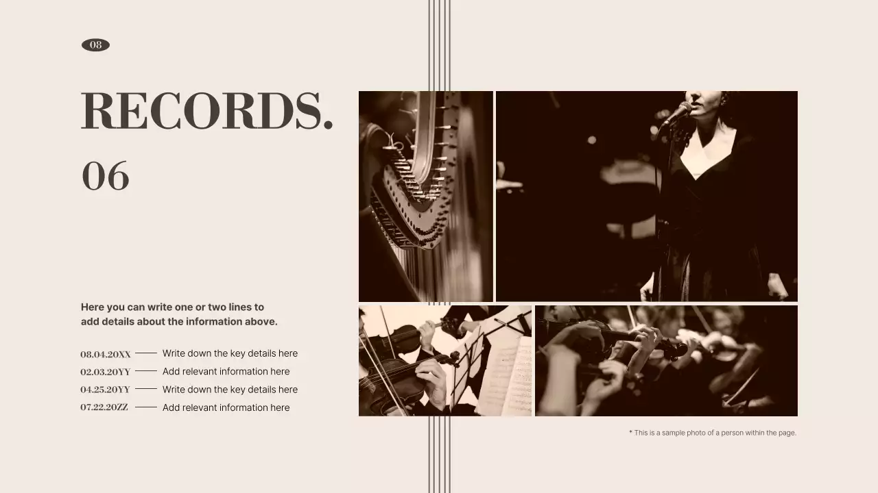 A portfolio of performing arts organizations in brown, muted tones