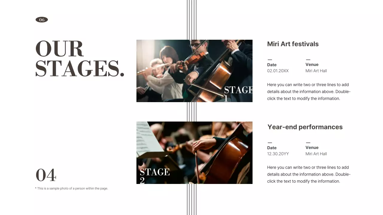 A portfolio of performing arts organizations in brown, muted tones