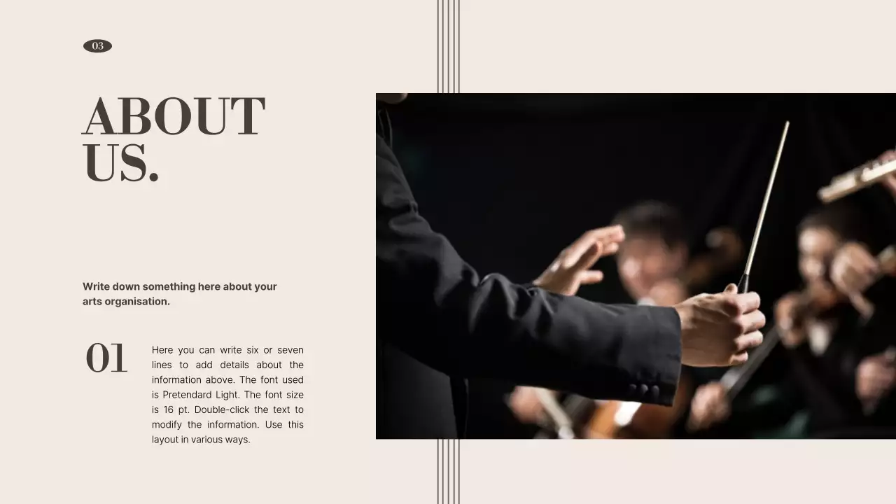 A portfolio of performing arts organizations in brown, muted tones