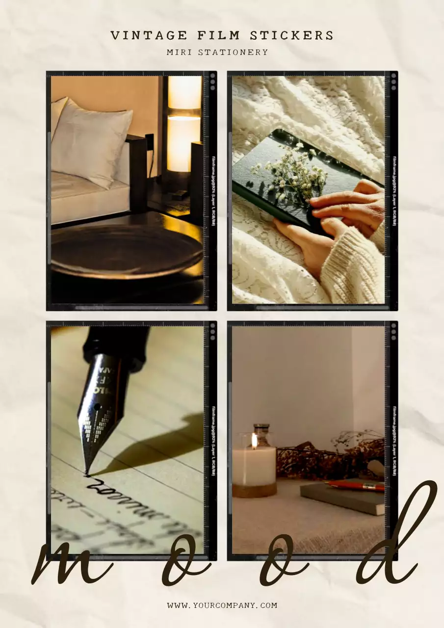 Beige and black stationery branded film stickers