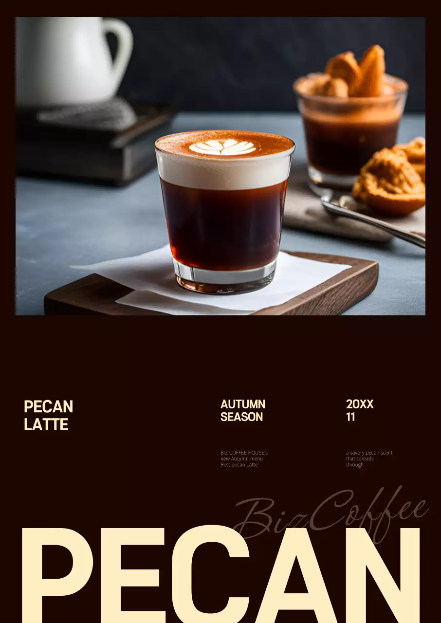 茶色の背景に様々なフォントが配置された秋のドリンクのプロモーション。