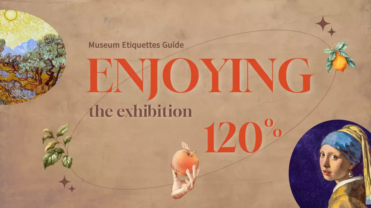 A classy art gallery guide with a brown background and orange accents