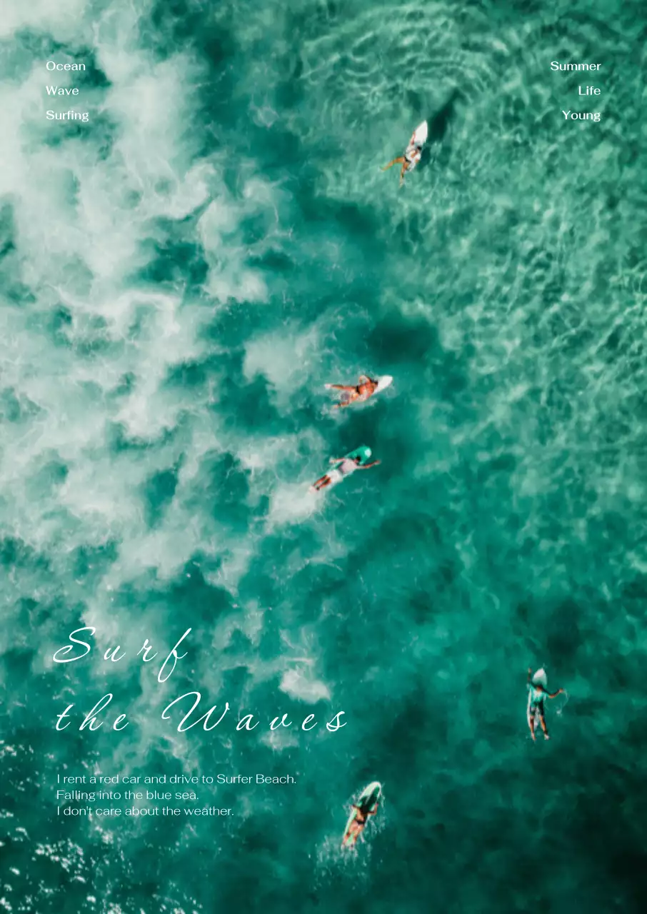 푸른 바다에 서핑하는 사람들이 있는 청량한 여름 인테리어