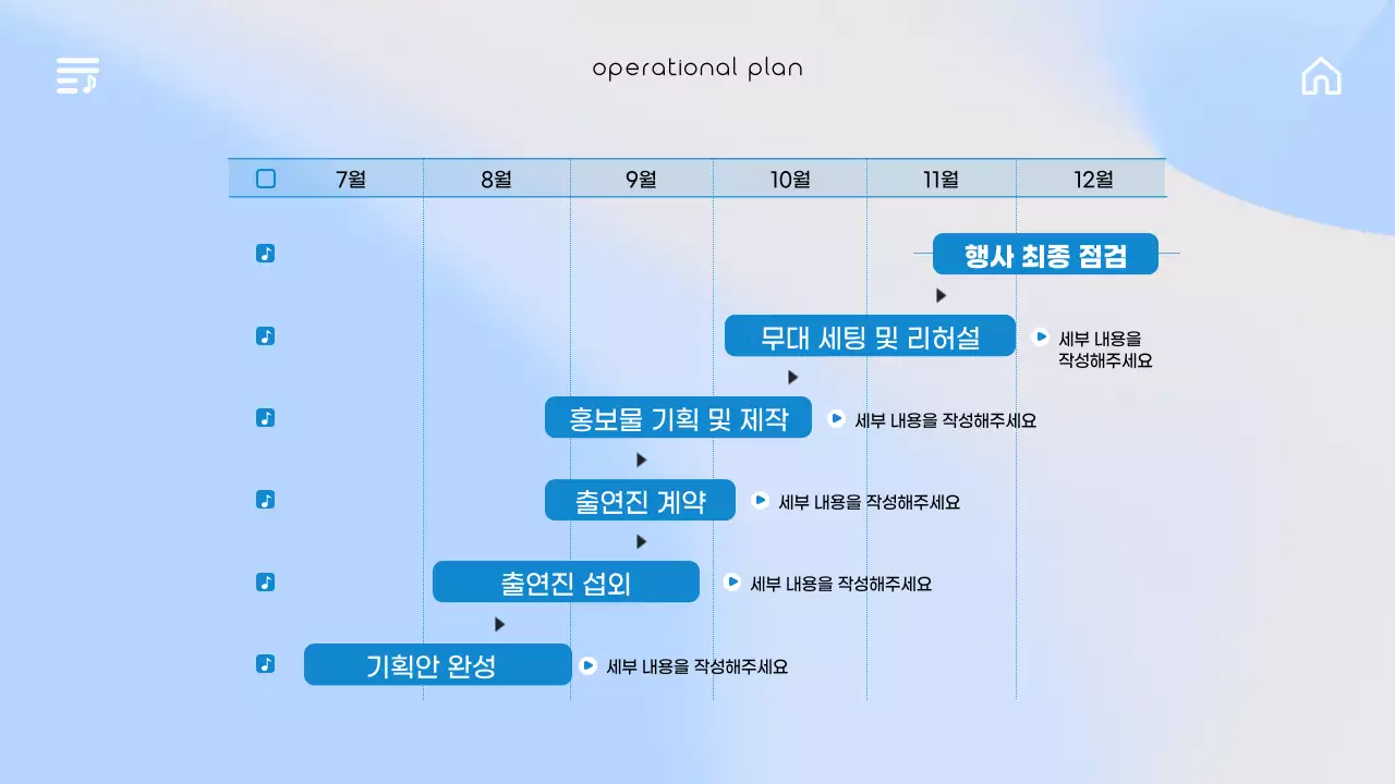 파랑색 그라데이션의 음원 UI 스타일의 감성적인 공연 기획서