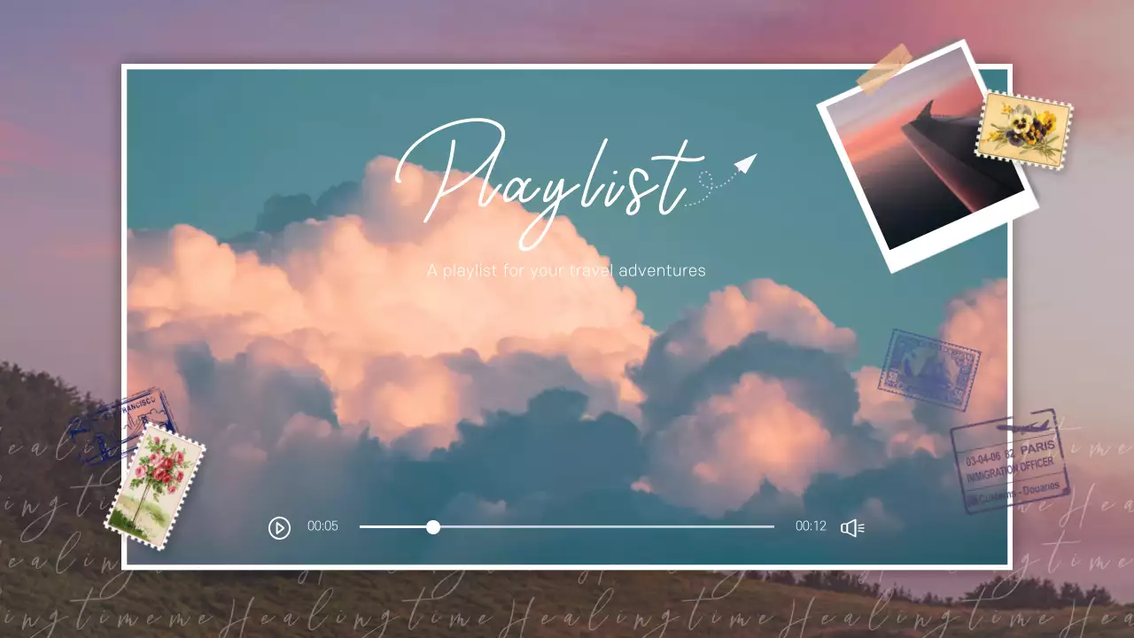 핑크색 배경에 민트색 구름이 있는 감성적인 플레이리스트 썸네일 홍보