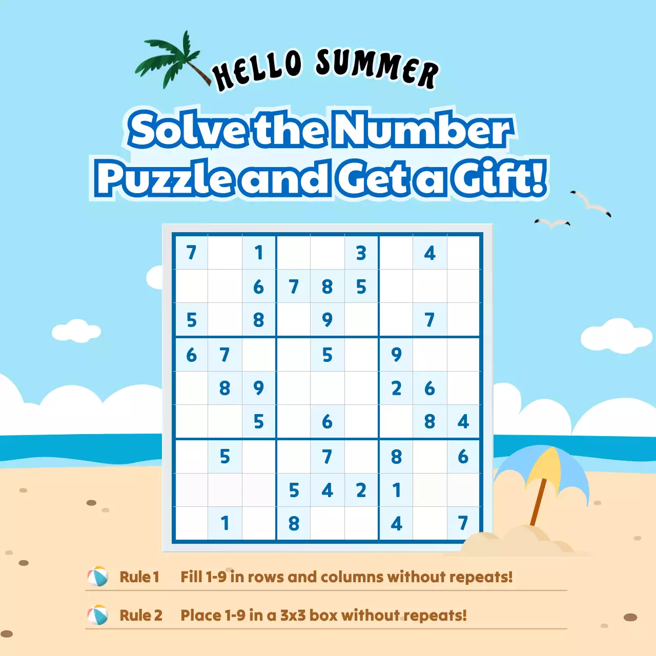Number puzzle event with blue summer background