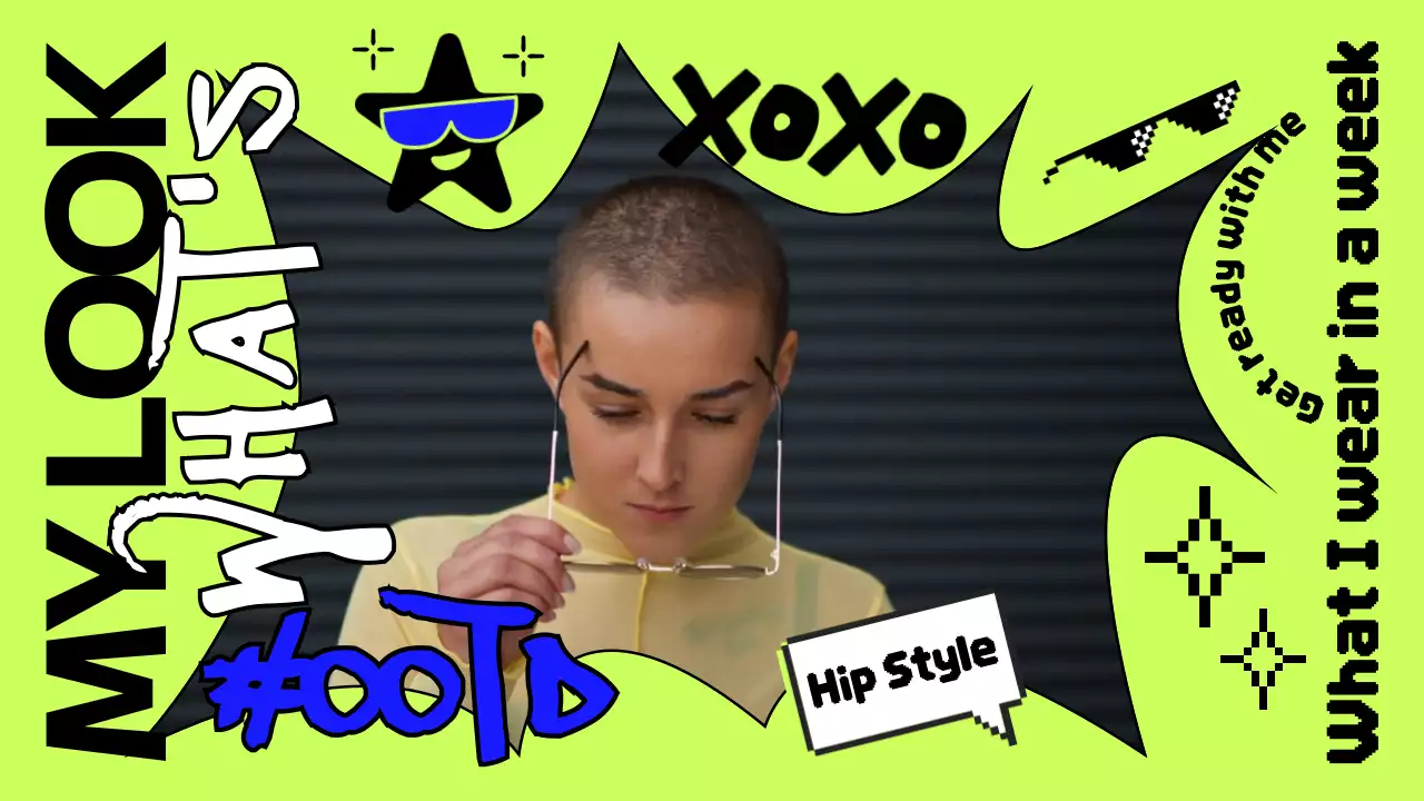 네온노란색과 파란색의 캘리그래피 트렌드한 패션 브이로그