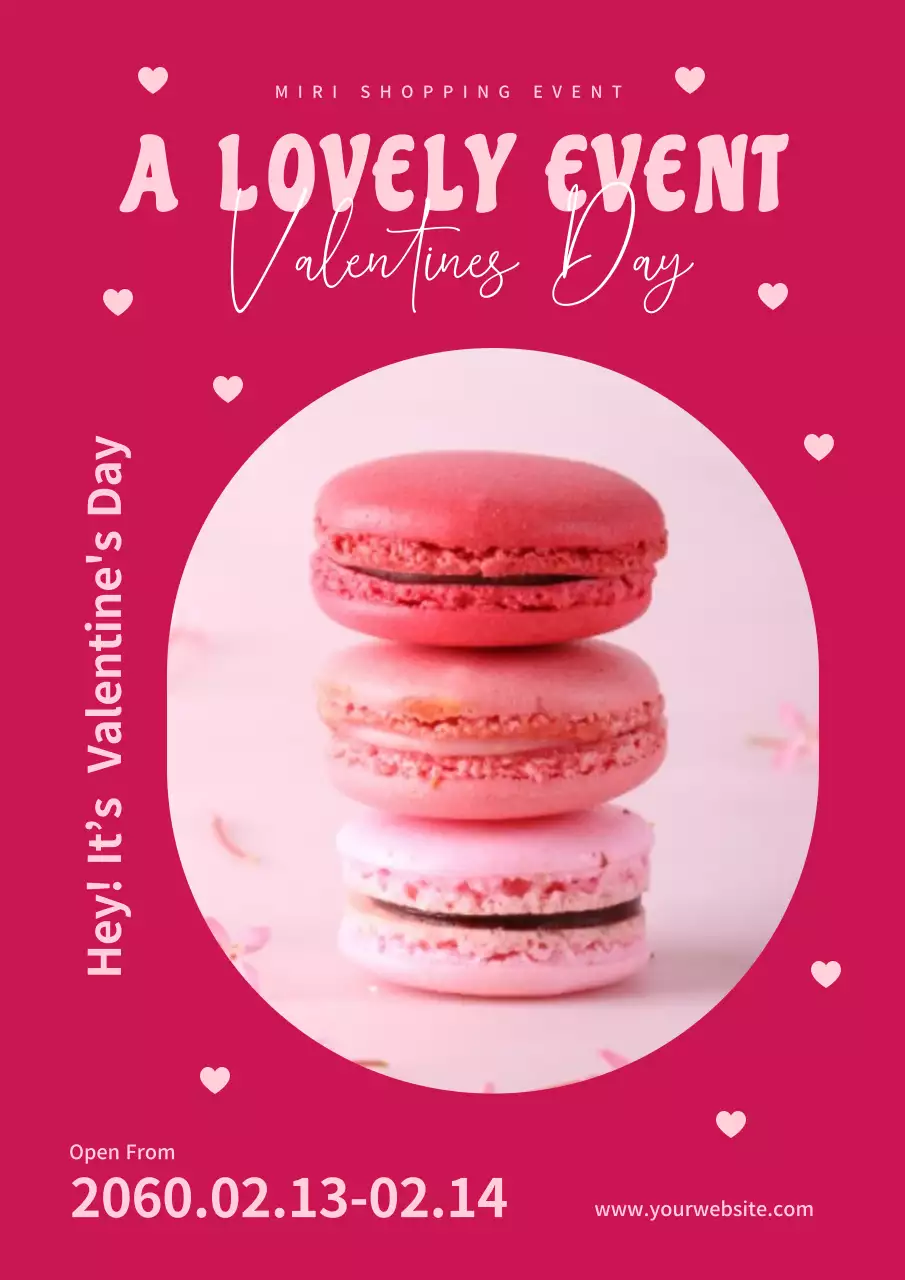 Valentine's Day macaron poster in pink and plum colors