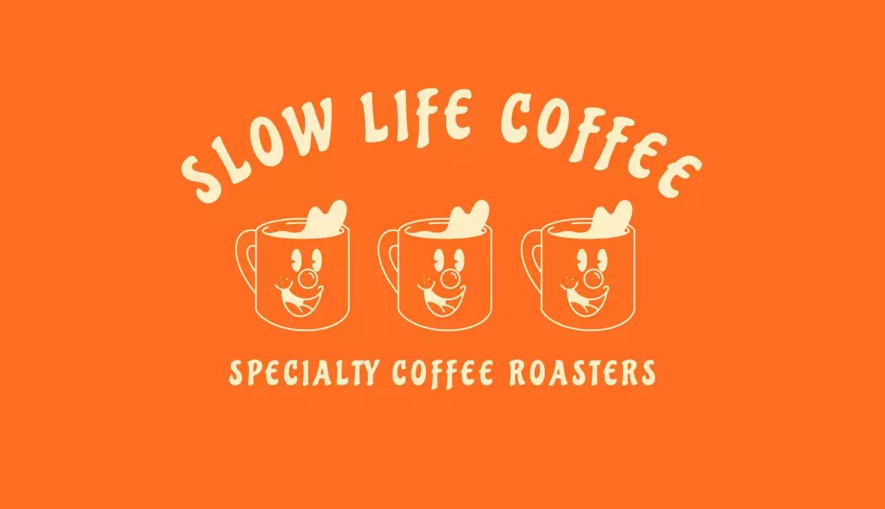 주황색 배경의 키치한 커피 캐릭터가 있는 카페 쿠폰 명함