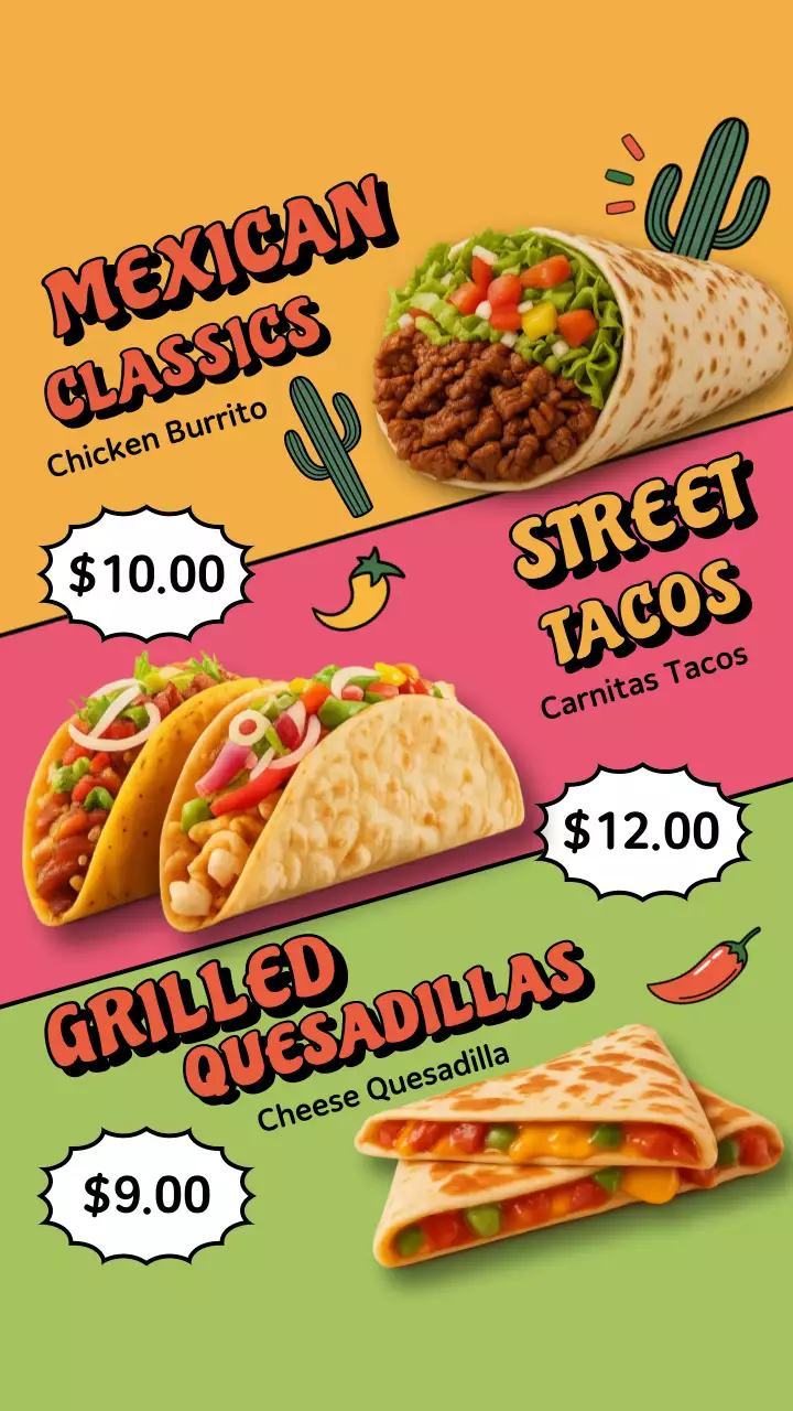 Anúncio de cardápio mexicano retrô colorido no Instagram Story