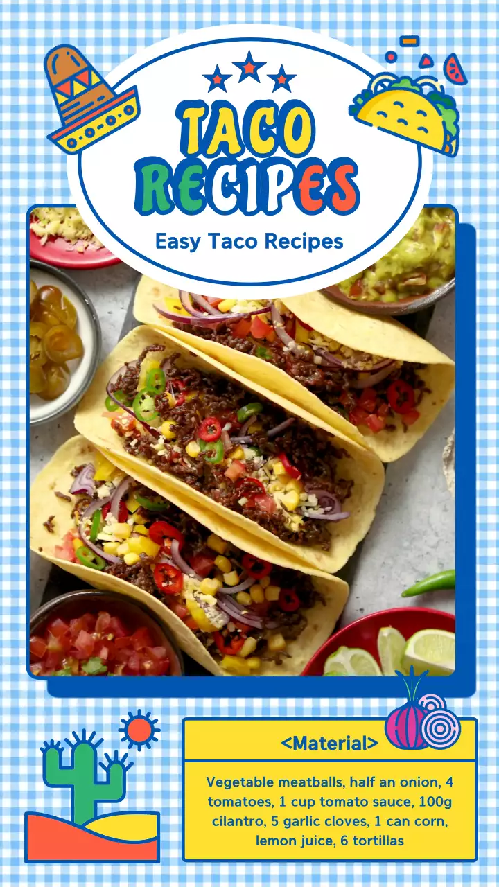 하늘색 귀여운 일러스트가 있는 타코 레시피