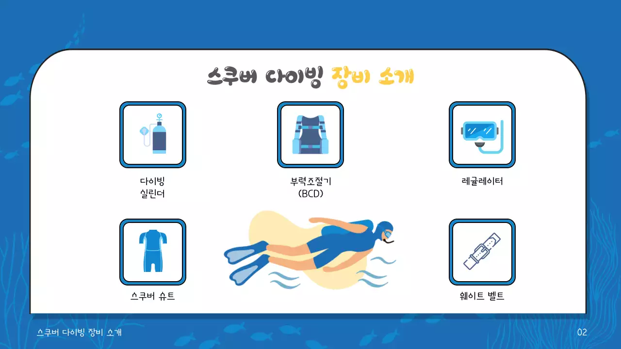 파란색 계열과 노란색 텍스트 포인트의 시원한 해양컨셉의 스쿠버 다이빙 프로그램 교육 자료 V1