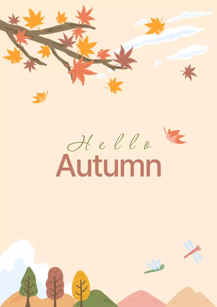 간단하고 귀여운 손으로 그린 ​​가을 풍경, 산과 단풍 가지