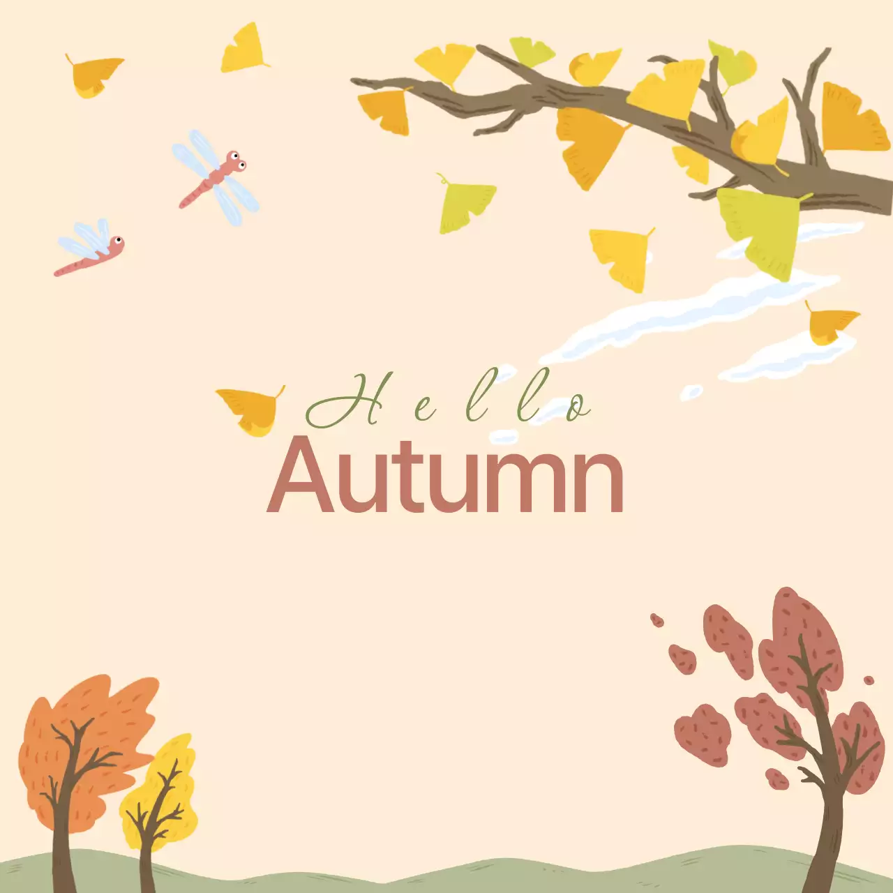 간단하고 귀여운 손으로 그린 ​​가을 풍경 · 은행 나무와 잠자리