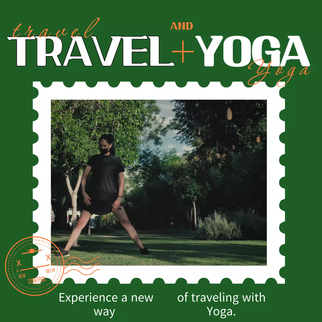 초록색 우표 컨셉의 여행 요가 홍보