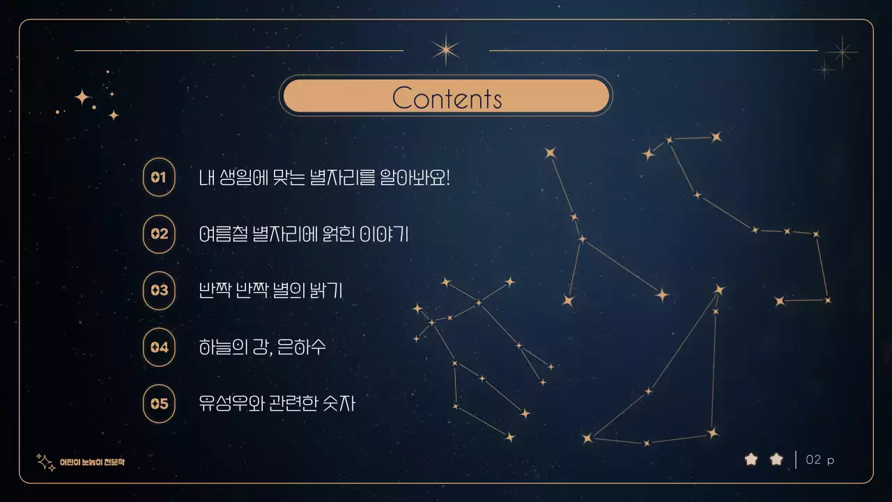 청록색 배경의 금색 별이 빛나는 어린이 천문대 캠프 소개자료