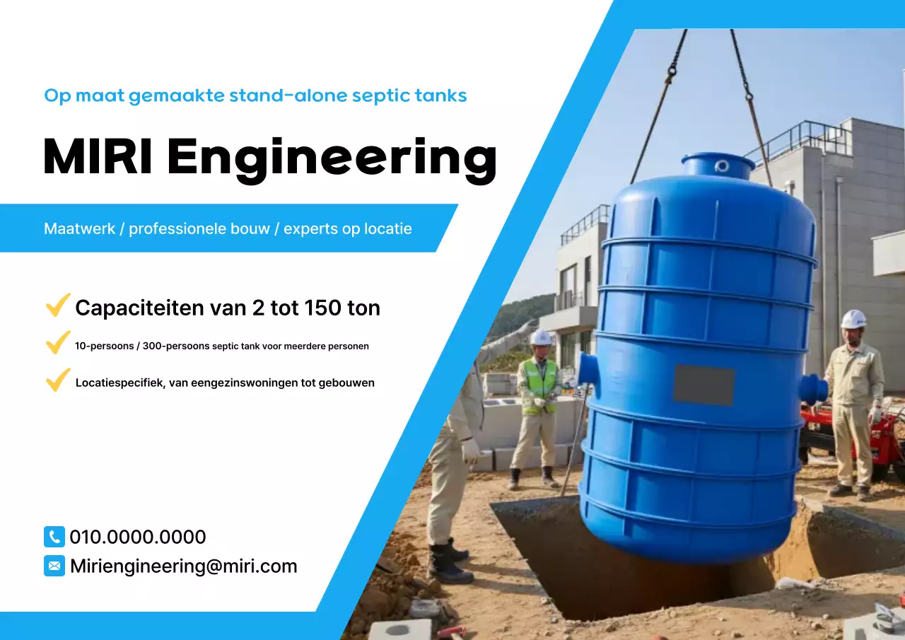 Blauwe moderne septische tank advertentie