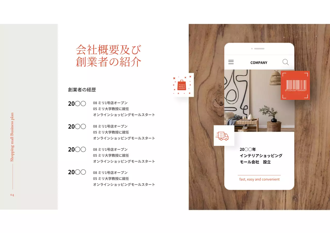 オレンジとブラウンのシンプルで温かみのあるインテリアショッピングモールビジネス創業計画書