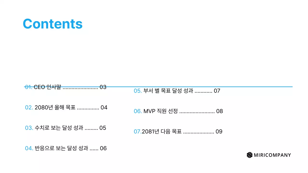 하늘색과 흰색의 심플한 실적보고서 소개서
