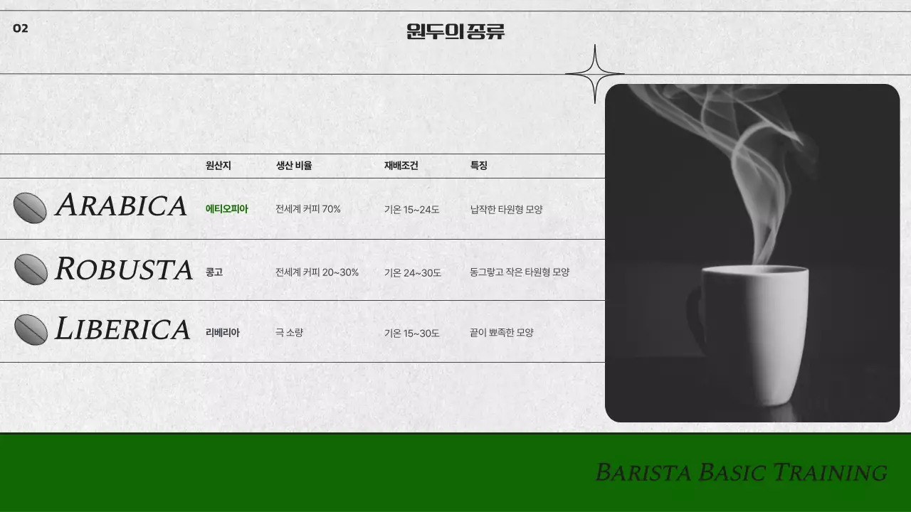 모노톤과 녹색 조합의 심플한 바리스타 기초 교육