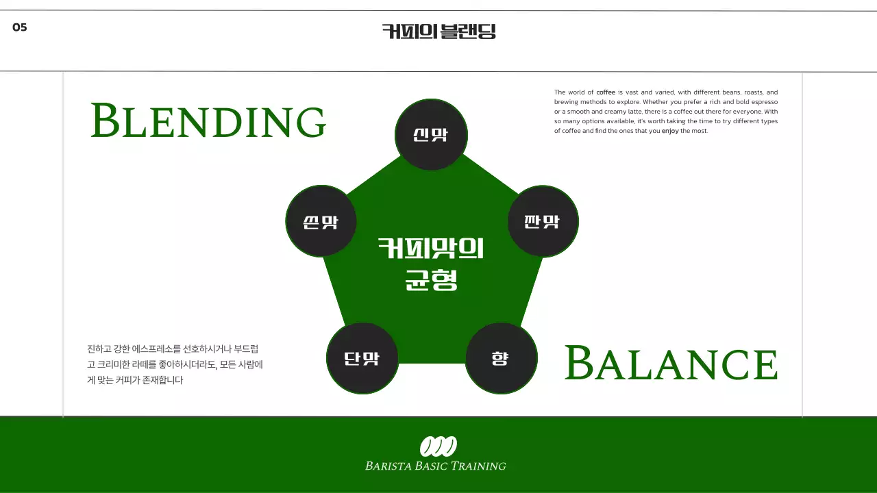 모노톤과 녹색 조합의 심플한 바리스타 기초 교육