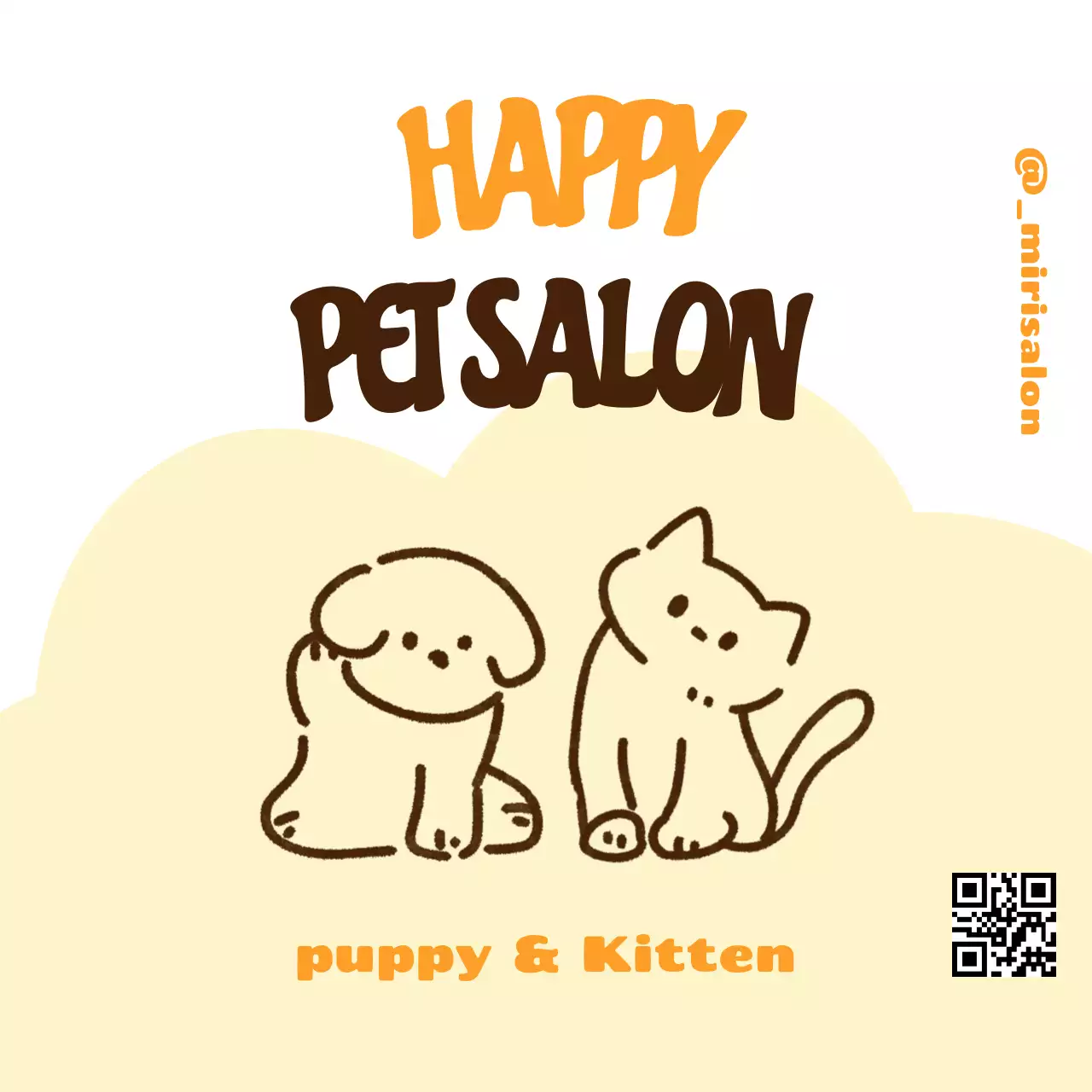 반려동물 애견 애완동물 강아지 고양이 귀여운 일러스트가 쓰인 큐알코드가 들어간 영어 타이틀의 배너 디자인