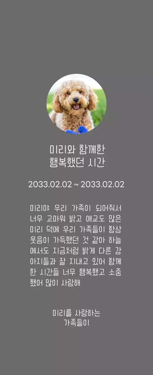 강아지 사진과 손글씨체가 있는 위패