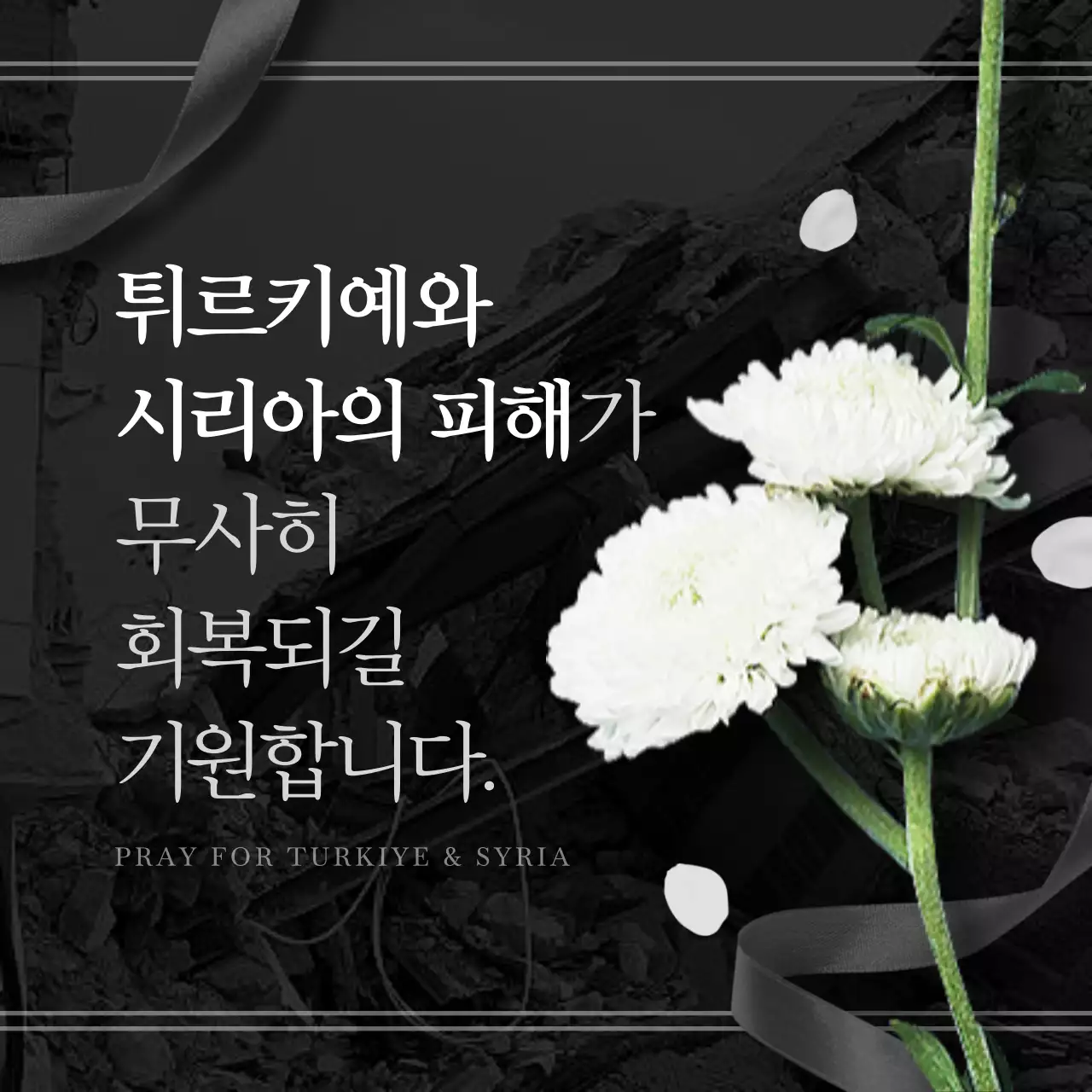 검은색과 흰색의 튀르키예 시리아 회복 기원
