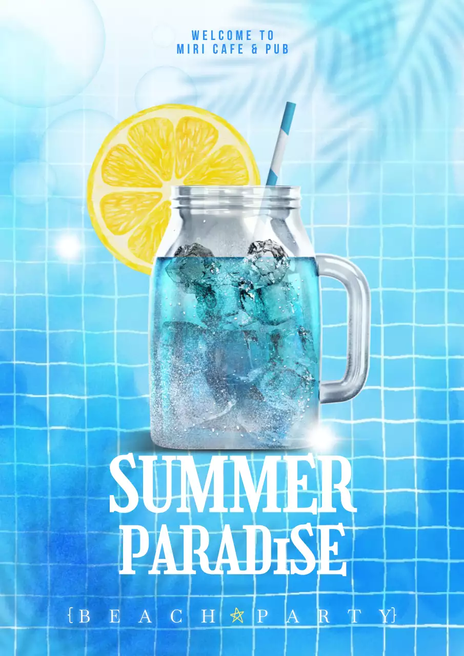파란색 노란색 수영장 컨셉의 카페 음료 파티 홍보용