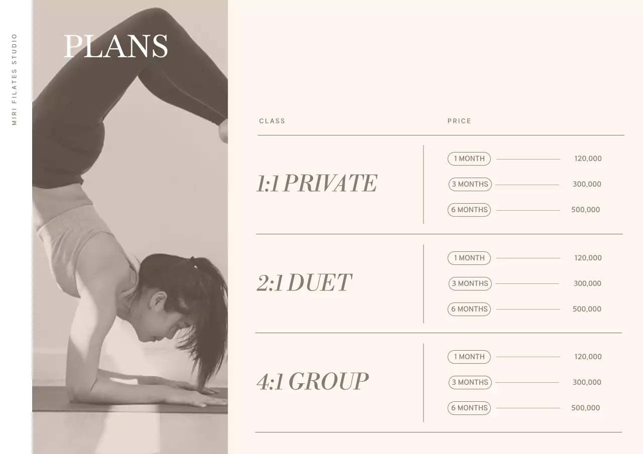 Pilates schedule with an emotional photo layout in beige-brown tones