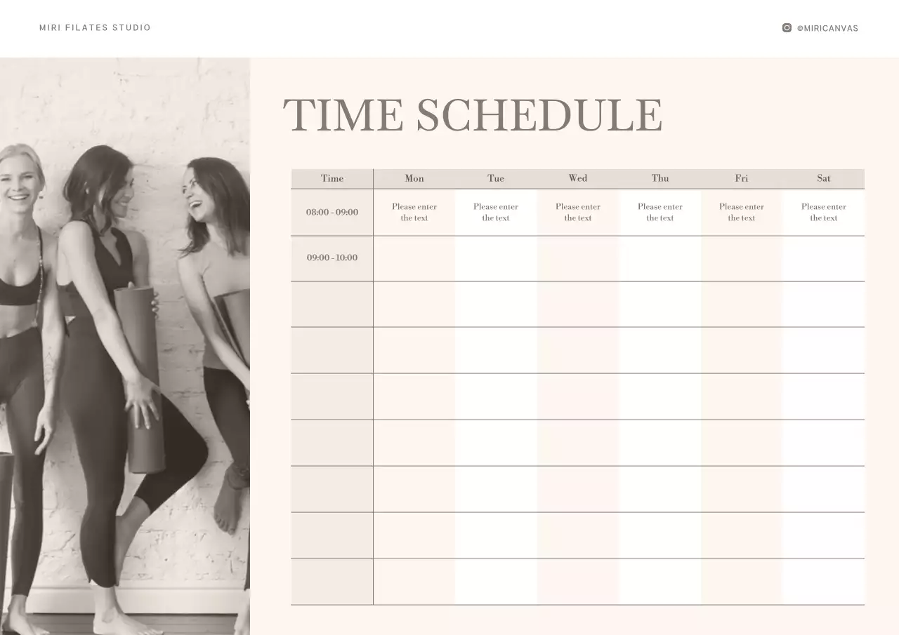 Pilates schedule with an emotional photo layout in beige-brown tones