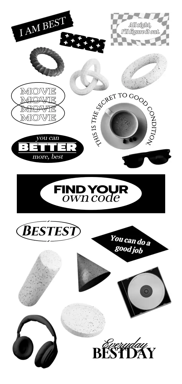 흑백의 힙한 컨샙의 다양한 오브제와 텍스트