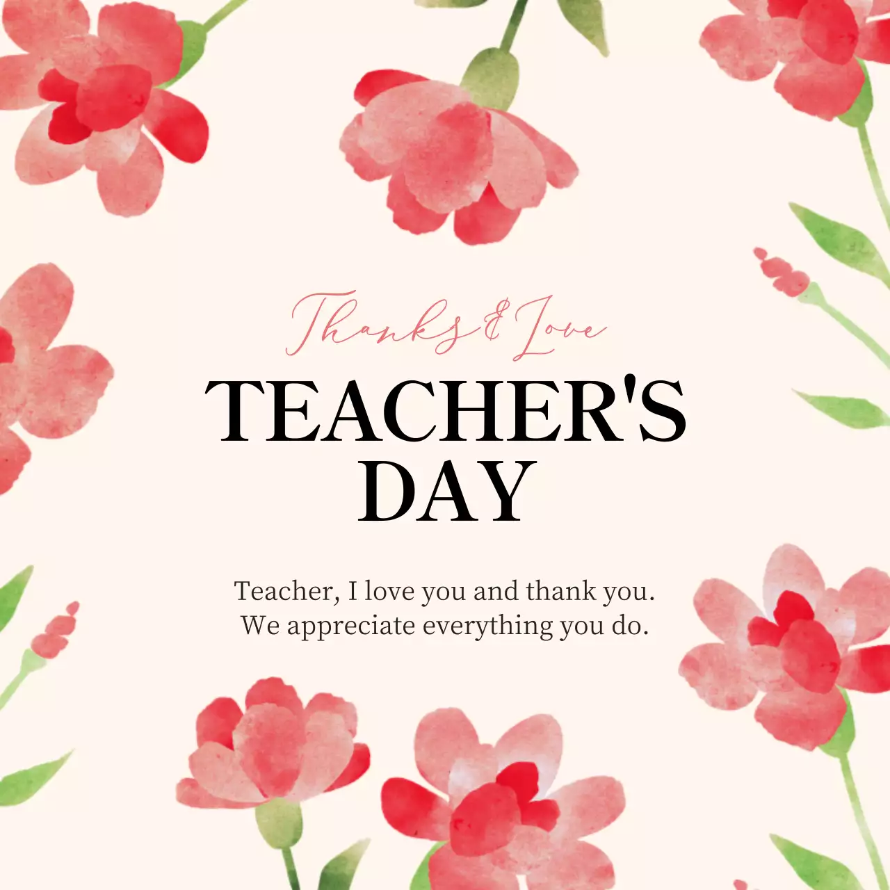 Simple Teacher's Day thank you note in red and beige